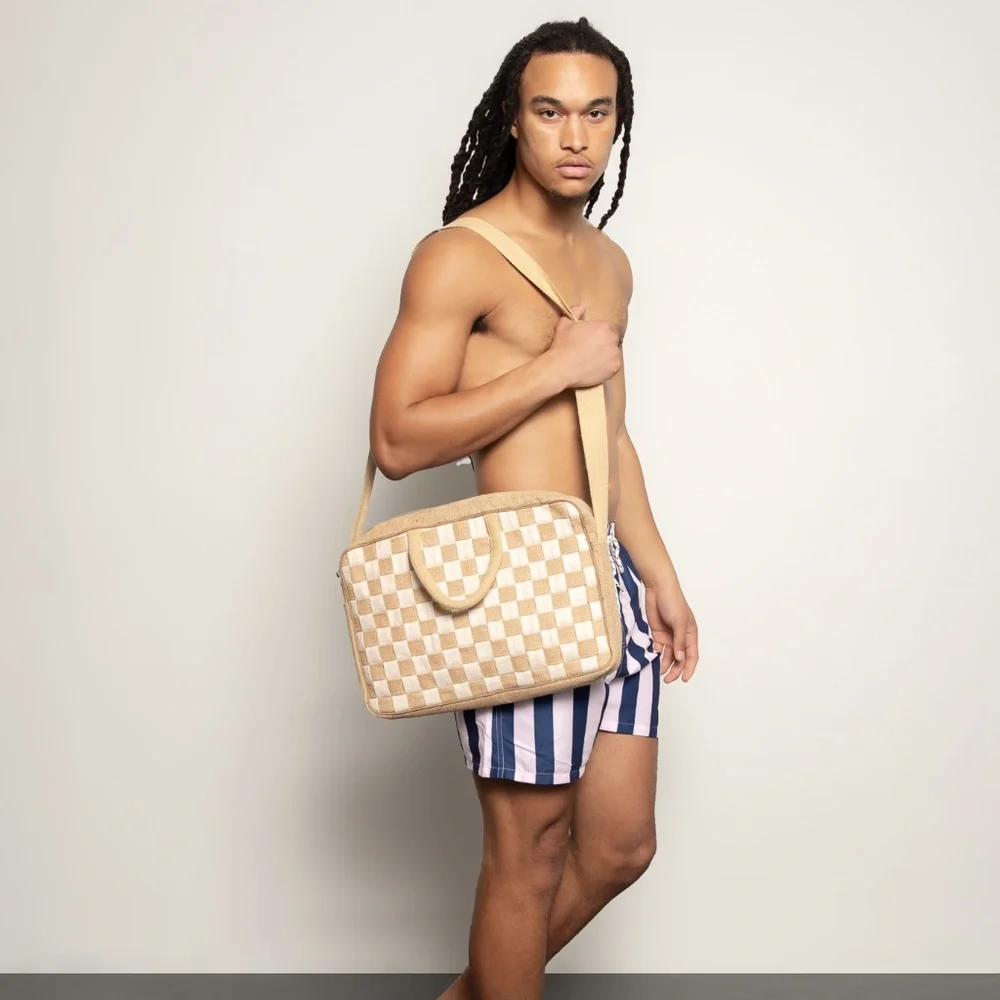 The Metropolitan Checkered Jute White Laptop Handbag - Unisex